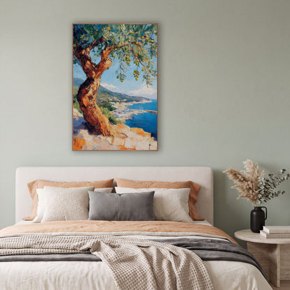Twisted Olive Harbor Coastal View wall art in a bright coastal-style room – twisted olive tree with green olives
