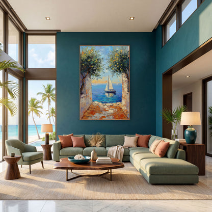 Sailboat Lemon Tree Archway Coastal wall art in a bright coastal-style room – white sailboat on blue sea seen through