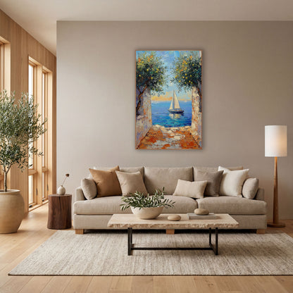 Sailboat Lemon Tree Archway Coastal wall art in a bright coastal-style room – white sailboat on blue sea seen through