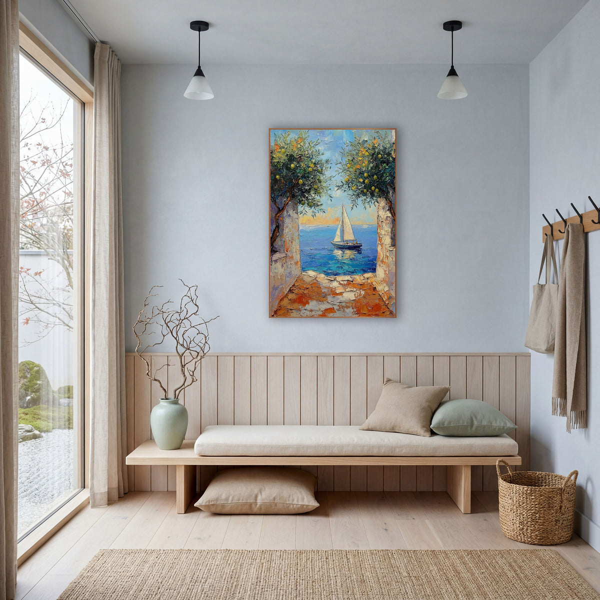 Sailboat Lemon Tree Archway Coastal wall art in a bright coastal-style room – white sailboat on blue sea seen through