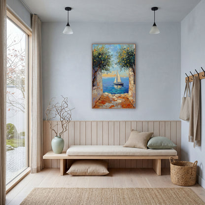Sailboat Lemon Tree Archway Coastal wall art in a bright coastal-style room – white sailboat on blue sea seen through