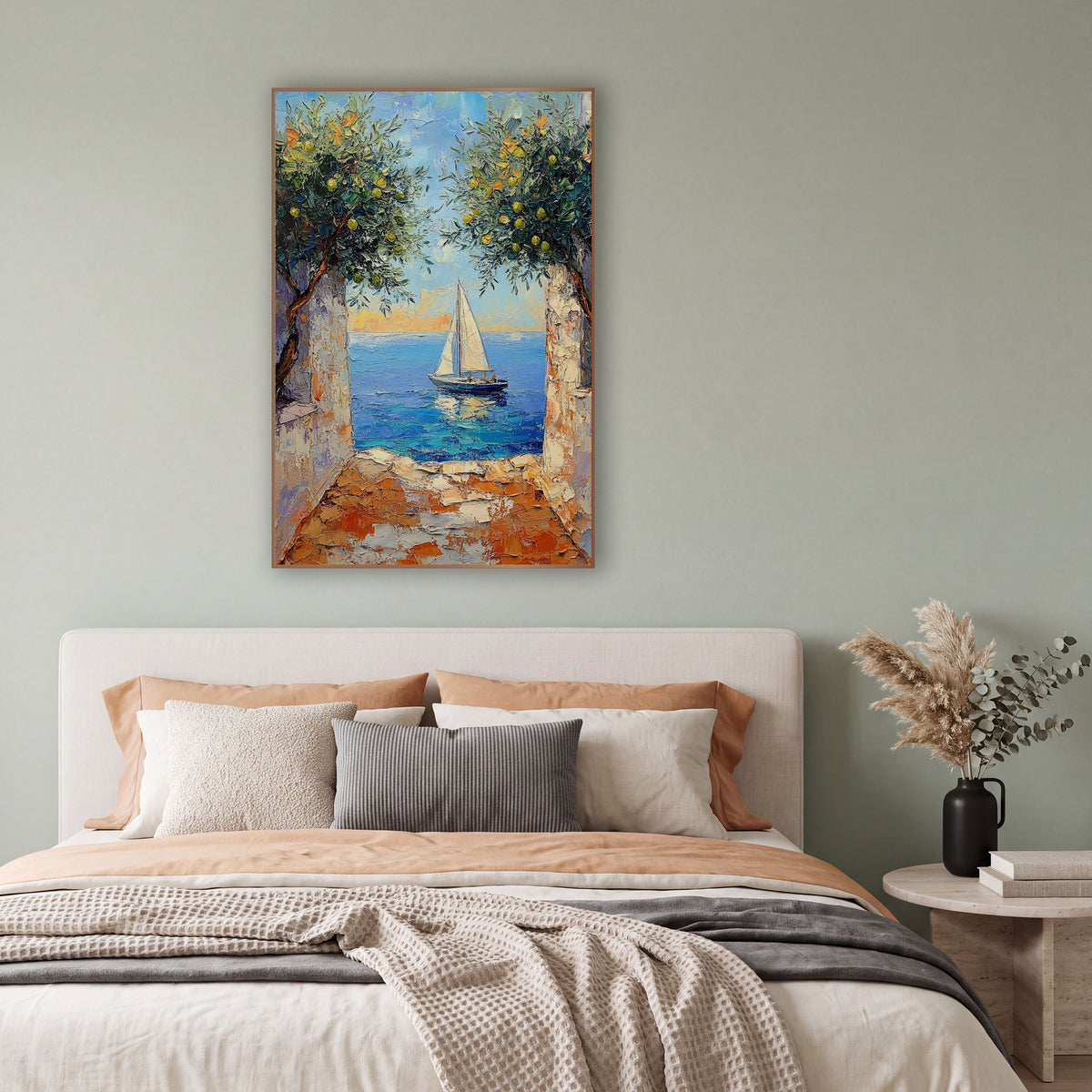 Sailboat Lemon Tree Archway Coastal wall art in a bright coastal-style room – white sailboat on blue sea seen through