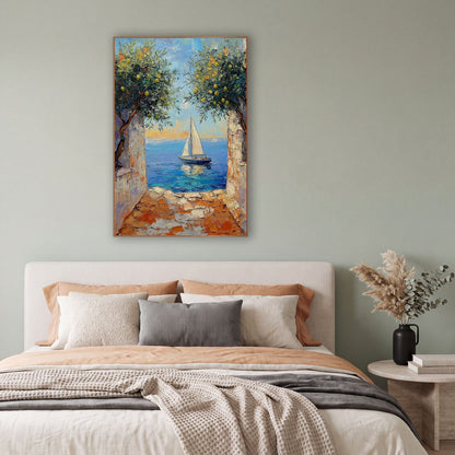 Sailboat Lemon Tree Archway Coastal wall art in a bright coastal-style room – white sailboat on blue sea seen through