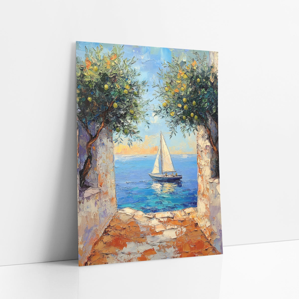 Sailboat Lemon Tree Archway Coastal art print leaning against a white wall – white sailboat on blue sea seen through a stone