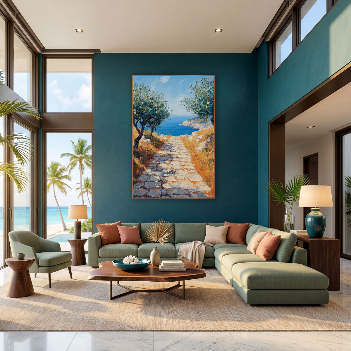 Olive Grove Stone Path Coastal wall art in a bright coastal-style room – two olive trees with green olives