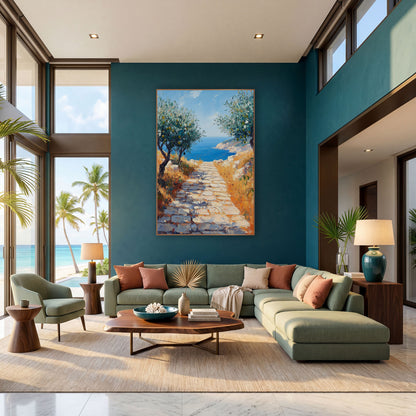 Olive Grove Stone Path Coastal wall art in a bright coastal-style room – two olive trees with green olives