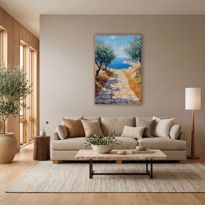 Olive Grove Stone Path Coastal wall art in a bright coastal-style room – two olive trees with green olives