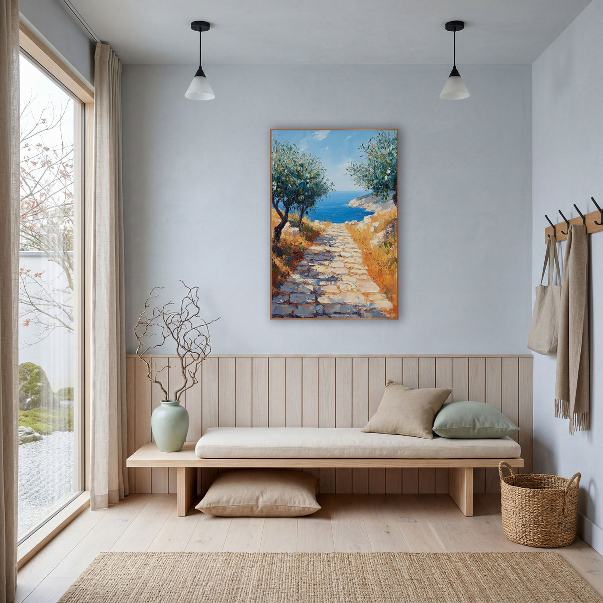 Olive Grove Stone Path Coastal wall art in a bright coastal-style room – two olive trees with green olives