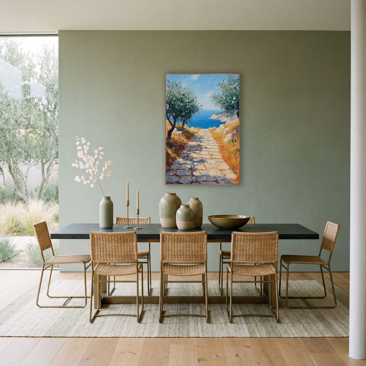 Olive Grove Stone Path Coastal wall art in a bright coastal-style room – two olive trees with green olives