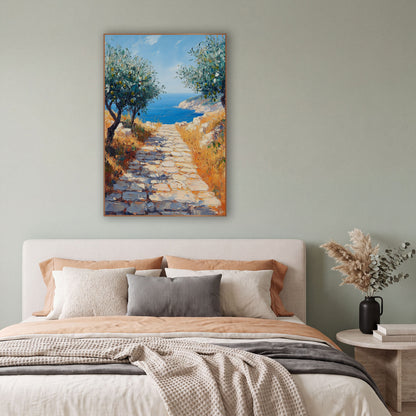 Olive Grove Stone Path Coastal wall art in a bright coastal-style room – two olive trees with green olives