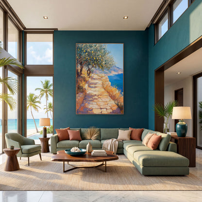 Sunlit Lemon Tree Coastal Path wall art in a bright coastal-style room – impressionist scene of a sunlit stone path