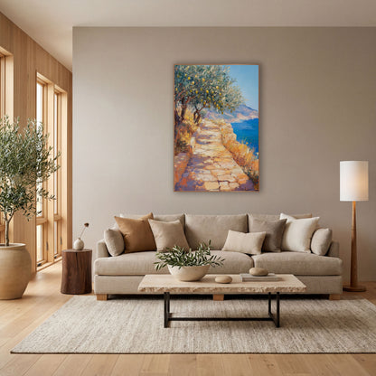 Sunlit Lemon Tree Coastal Path wall art in a bright coastal-style room – impressionist scene of a sunlit stone path