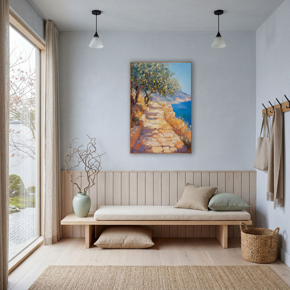 Sunlit Lemon Tree Coastal Path wall art in a bright coastal-style room – impressionist scene of a sunlit stone path
