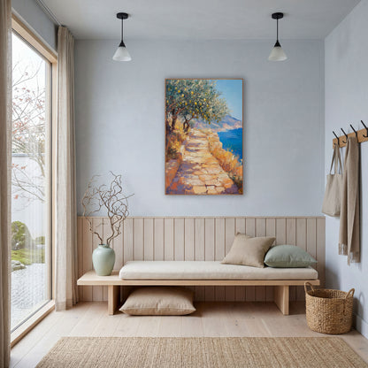 Sunlit Lemon Tree Coastal Path wall art in a bright coastal-style room – impressionist scene of a sunlit stone path
