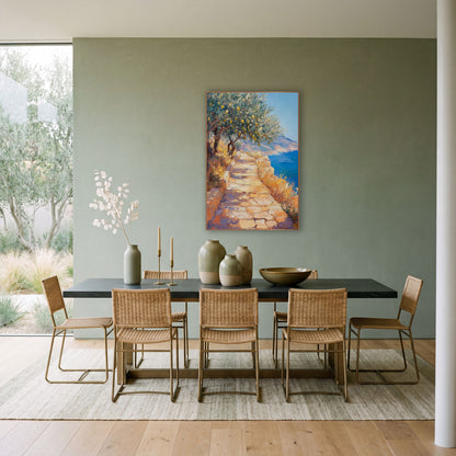 Sunlit Lemon Tree Coastal Path wall art in a bright coastal-style room – impressionist scene of a sunlit stone path