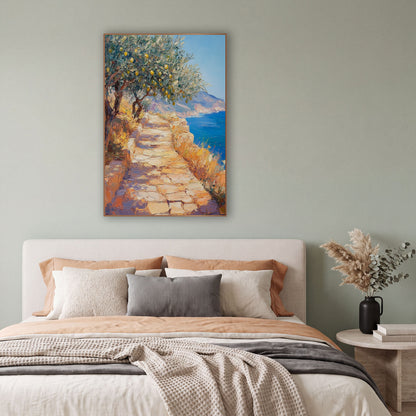 Sunlit Lemon Tree Coastal Path wall art in a bright coastal-style room – impressionist scene of a sunlit stone path