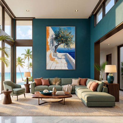Whitewashed Terrace Orange Tree Coastal wall art in a bright coastal-style room – orange-laden tree on a white seaside