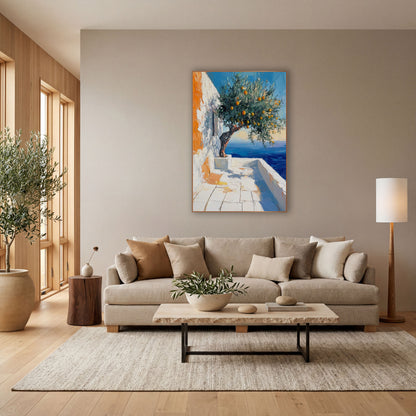 Whitewashed Terrace Orange Tree Coastal wall art in a bright coastal-style room – orange-laden tree on a white seaside