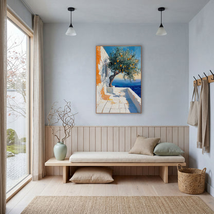 Whitewashed Terrace Orange Tree Coastal wall art in a bright coastal-style room – orange-laden tree on a white seaside