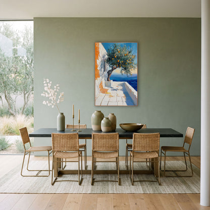 Whitewashed Terrace Orange Tree Coastal wall art in a bright coastal-style room – orange-laden tree on a white seaside