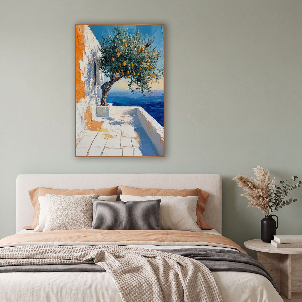 Whitewashed Terrace Orange Tree Coastal wall art in a bright coastal-style room – orange-laden tree on a white seaside