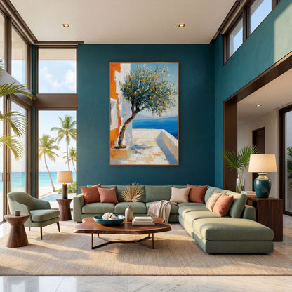 Seaside Lemon Tree Terrace Coastal wall art in a bright coastal-style room – lemon tree with yellow fruit on a white