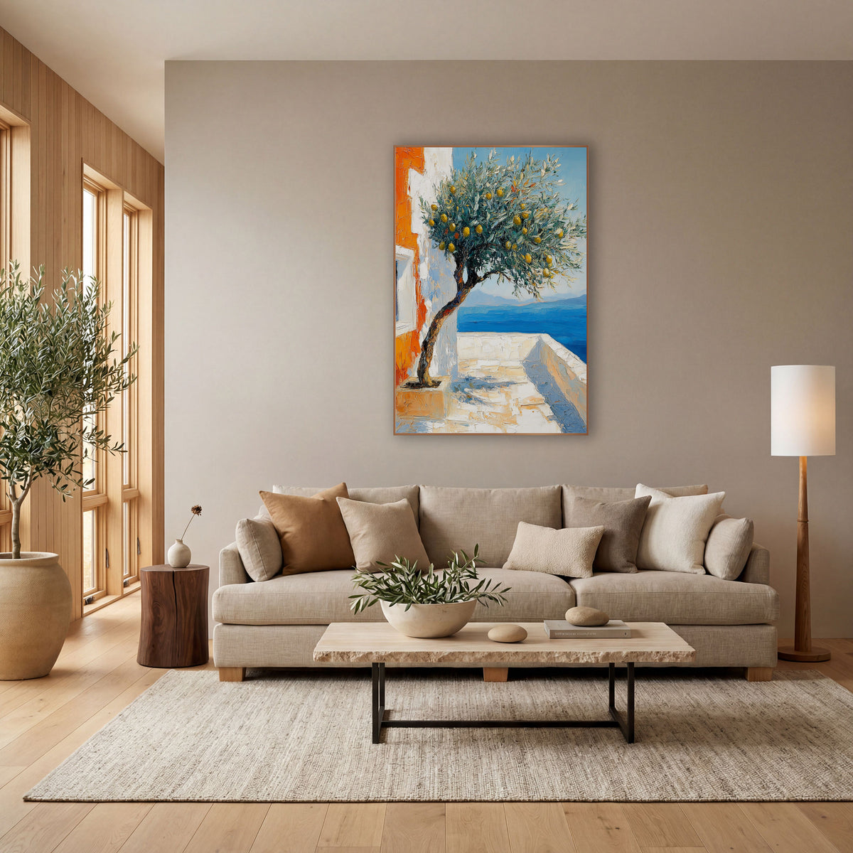 Seaside Lemon Tree Terrace Coastal wall art in a bright coastal-style room – lemon tree with yellow fruit on a white