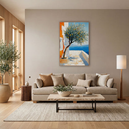 Seaside Lemon Tree Terrace Coastal wall art in a bright coastal-style room – lemon tree with yellow fruit on a white