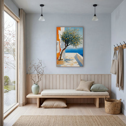 Seaside Lemon Tree Terrace Coastal wall art in a bright coastal-style room – lemon tree with yellow fruit on a white