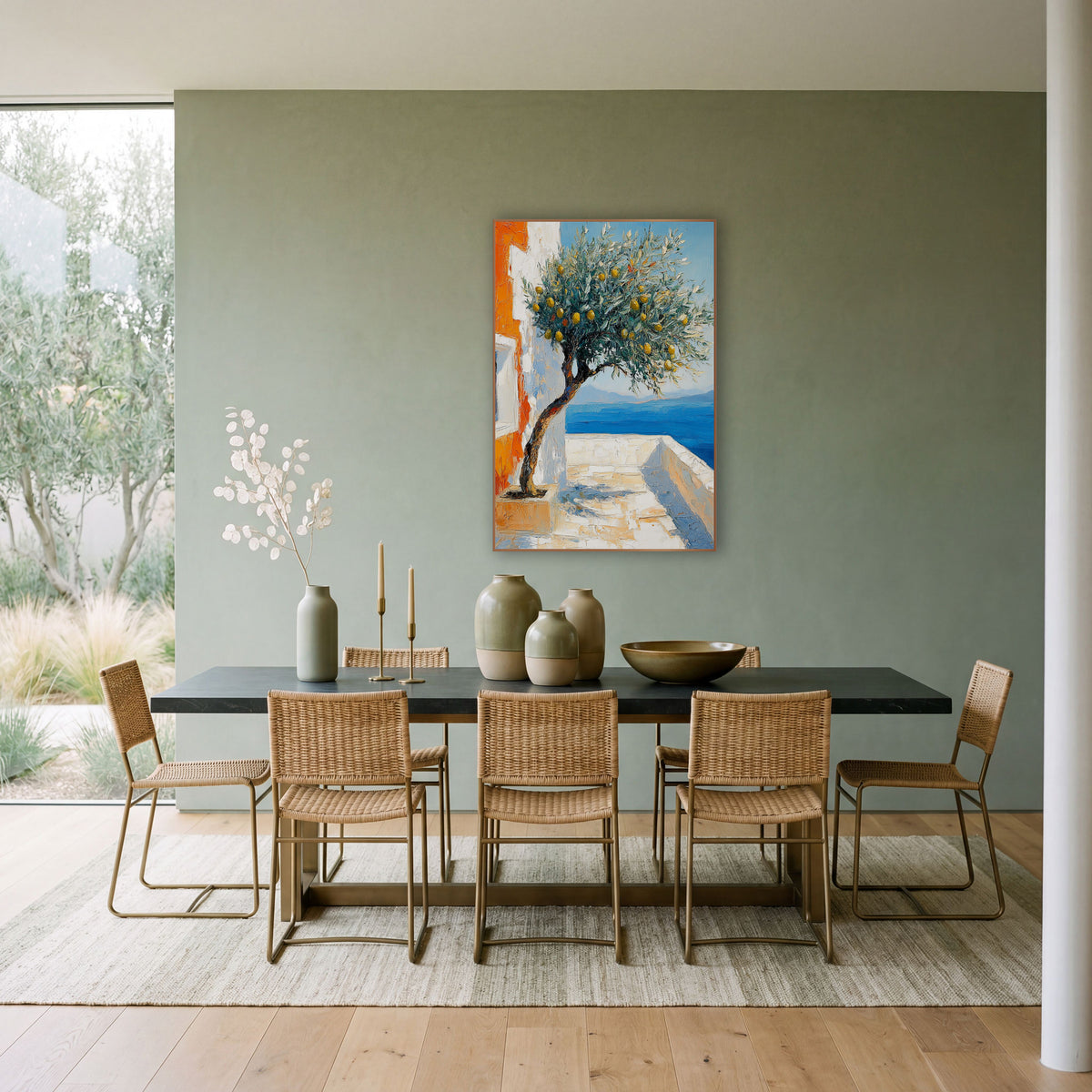Seaside Lemon Tree Terrace Coastal wall art in a bright coastal-style room – lemon tree with yellow fruit on a white