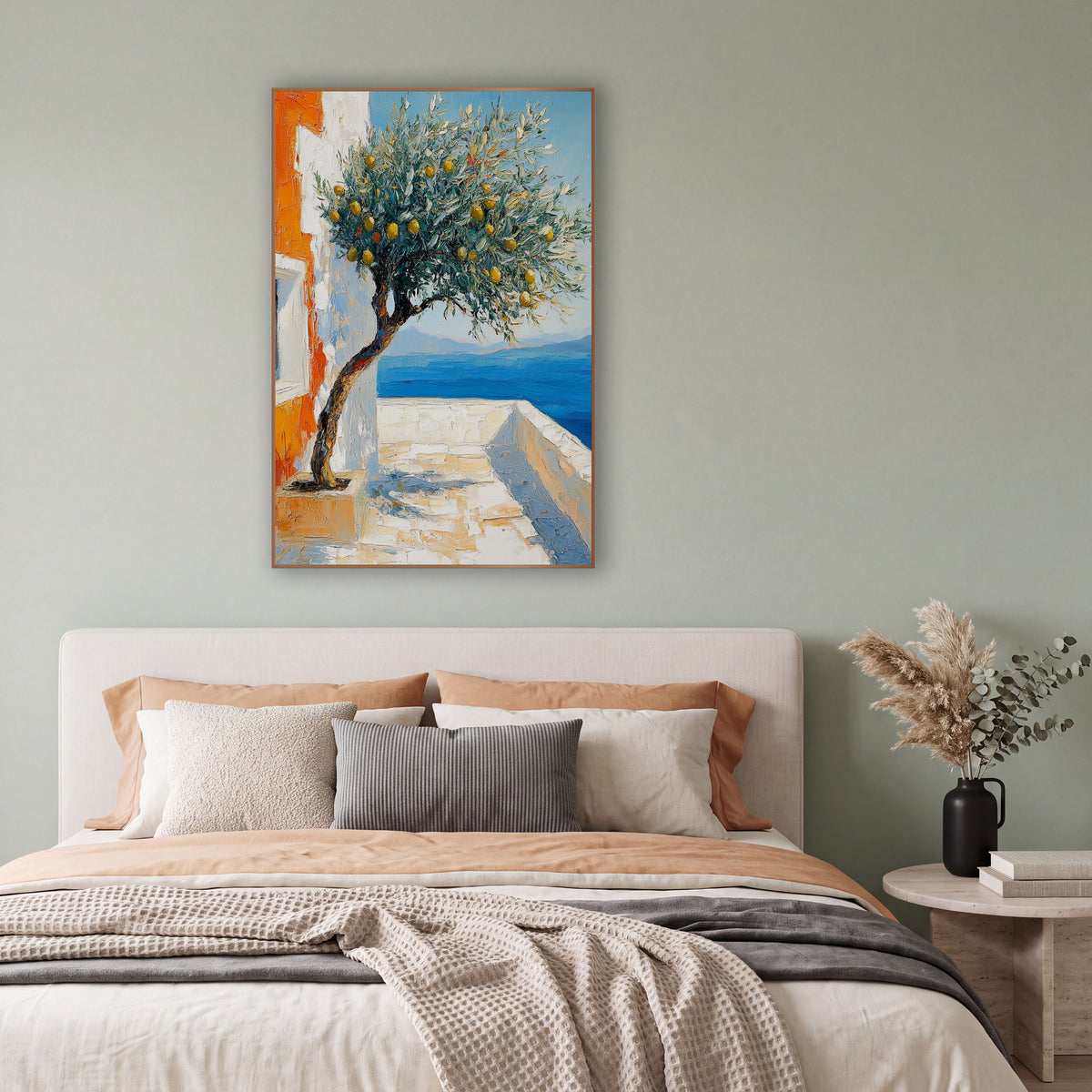 Seaside Lemon Tree Terrace Coastal wall art in a bright coastal-style room – lemon tree with yellow fruit on a white