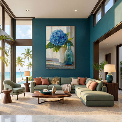 Blue Hydrangea Windowsill Still Life wall art in a bright coastal-style room – blue hydrangea in a cream vase