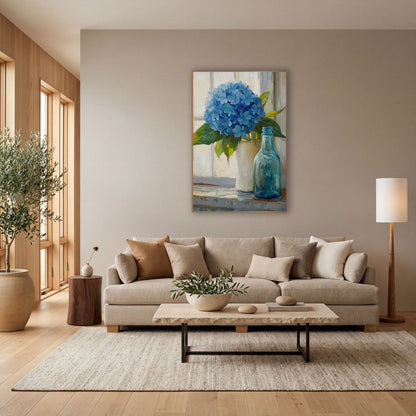Blue Hydrangea Windowsill Still Life wall art in a bright coastal-style room – blue hydrangea in a cream vase