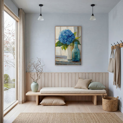 Blue Hydrangea Windowsill Still Life wall art in a bright coastal-style room – blue hydrangea in a cream vase