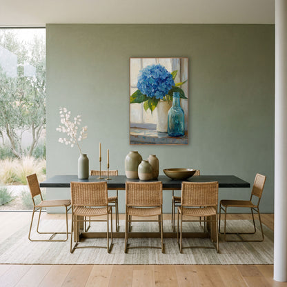 Blue Hydrangea Windowsill Still Life wall art in a bright coastal-style room – blue hydrangea in a cream vase