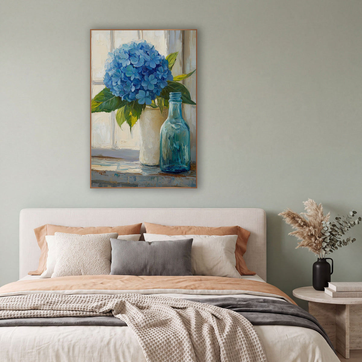 Blue Hydrangea Windowsill Still Life wall art in a bright coastal-style room – blue hydrangea in a cream vase