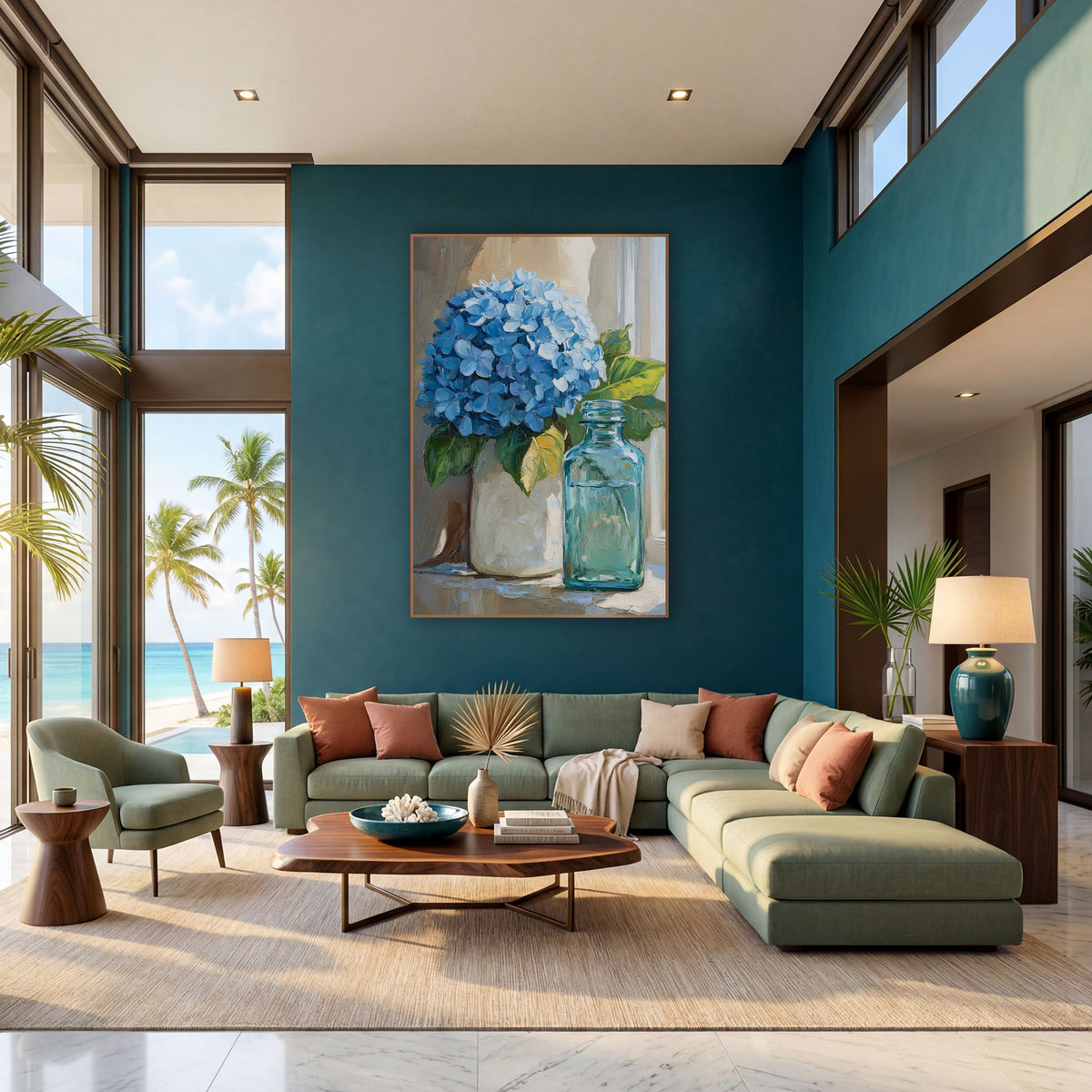 Blue Hydrangea Still Life Coastal wall art in a bright coastal-style room – blue hydrangea in a cream vase