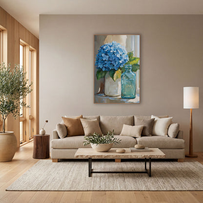 Blue Hydrangea Still Life Coastal wall art in a bright coastal-style room – blue hydrangea in a cream vase