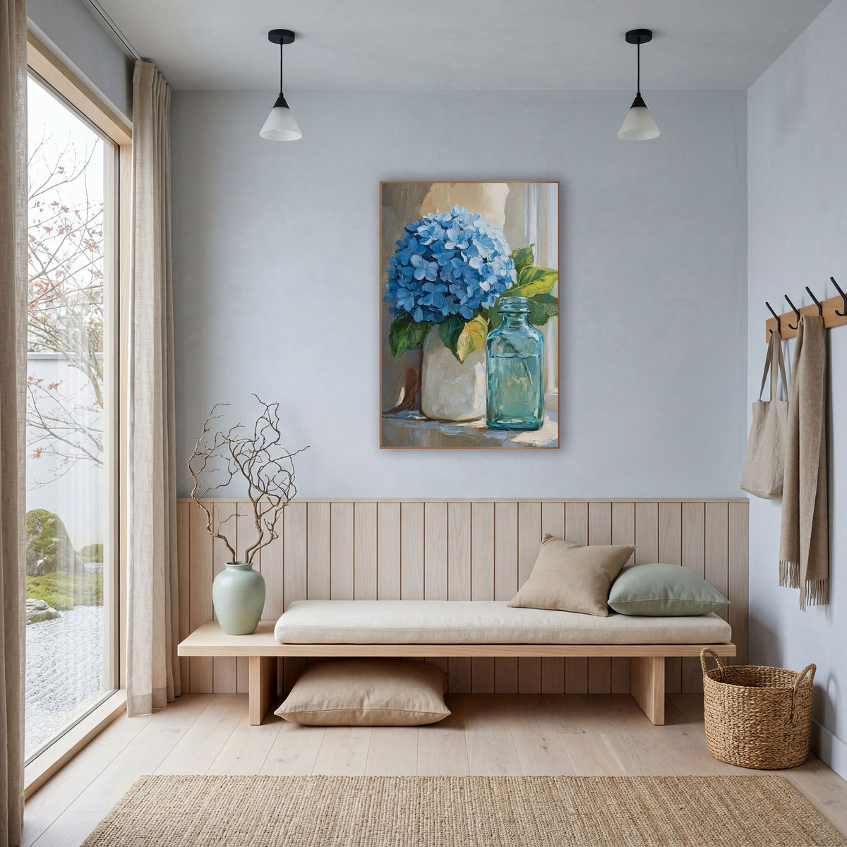 Blue Hydrangea Still Life Coastal wall art in a bright coastal-style room – blue hydrangea in a cream vase