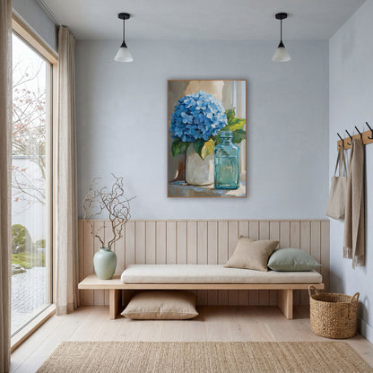 Blue Hydrangea Still Life Coastal wall art in a bright coastal-style room – blue hydrangea in a cream vase