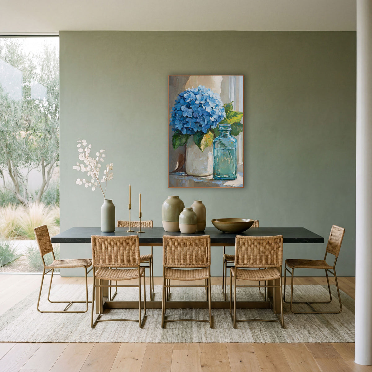 Blue Hydrangea Still Life Coastal wall art in a bright coastal-style room – blue hydrangea in a cream vase