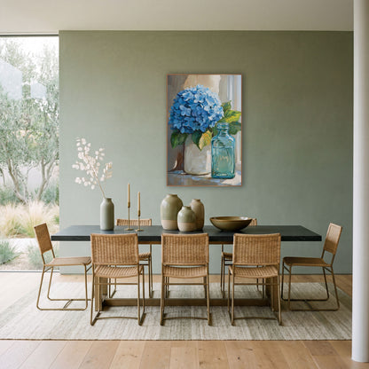 Blue Hydrangea Still Life Coastal wall art in a bright coastal-style room – blue hydrangea in a cream vase