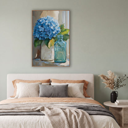 Blue Hydrangea Still Life Coastal wall art in a bright coastal-style room – blue hydrangea in a cream vase