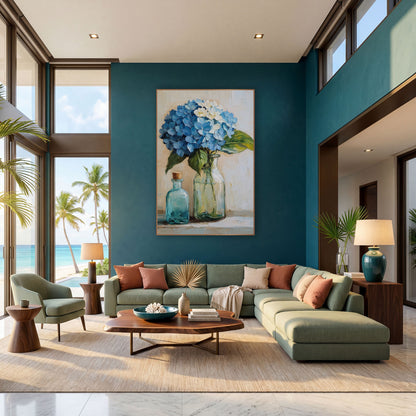 Blue Hydrangea Glass Bottles Still Life wall art in a bright coastal-style room – blue hydrangea in a green glass vase