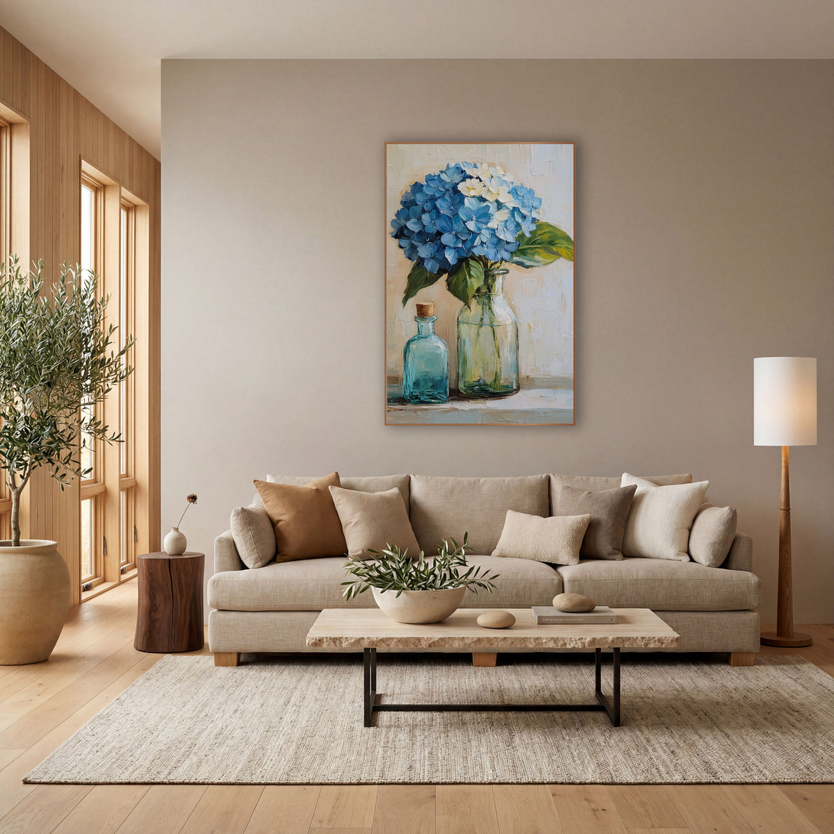 Blue Hydrangea Glass Bottles Still Life wall art in a bright coastal-style room – blue hydrangea in a green glass vase