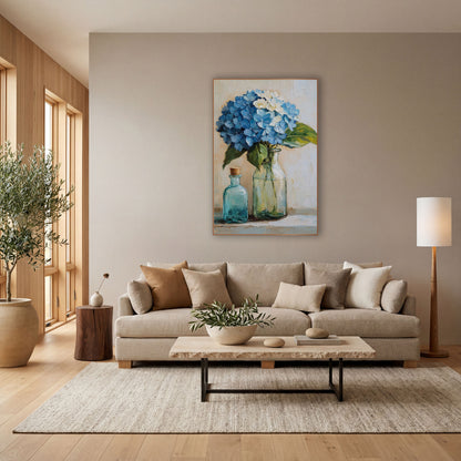 Blue Hydrangea Glass Bottles Still Life wall art in a bright coastal-style room – blue hydrangea in a green glass vase
