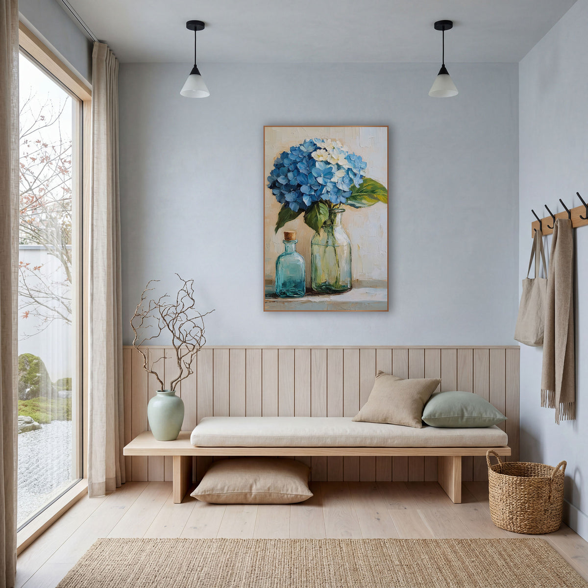 Blue Hydrangea Glass Bottles Still Life wall art in a bright coastal-style room – blue hydrangea in a green glass vase