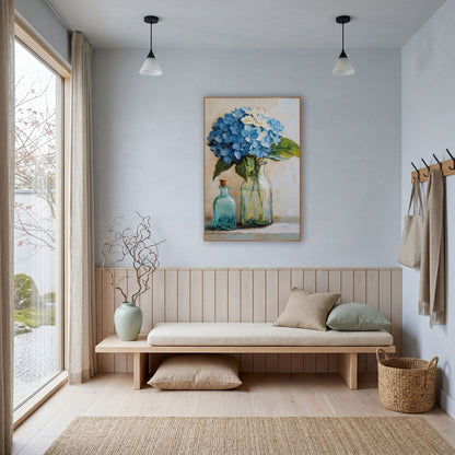 Blue Hydrangea Glass Bottles Still Life wall art in a bright coastal-style room – blue hydrangea in a green glass vase