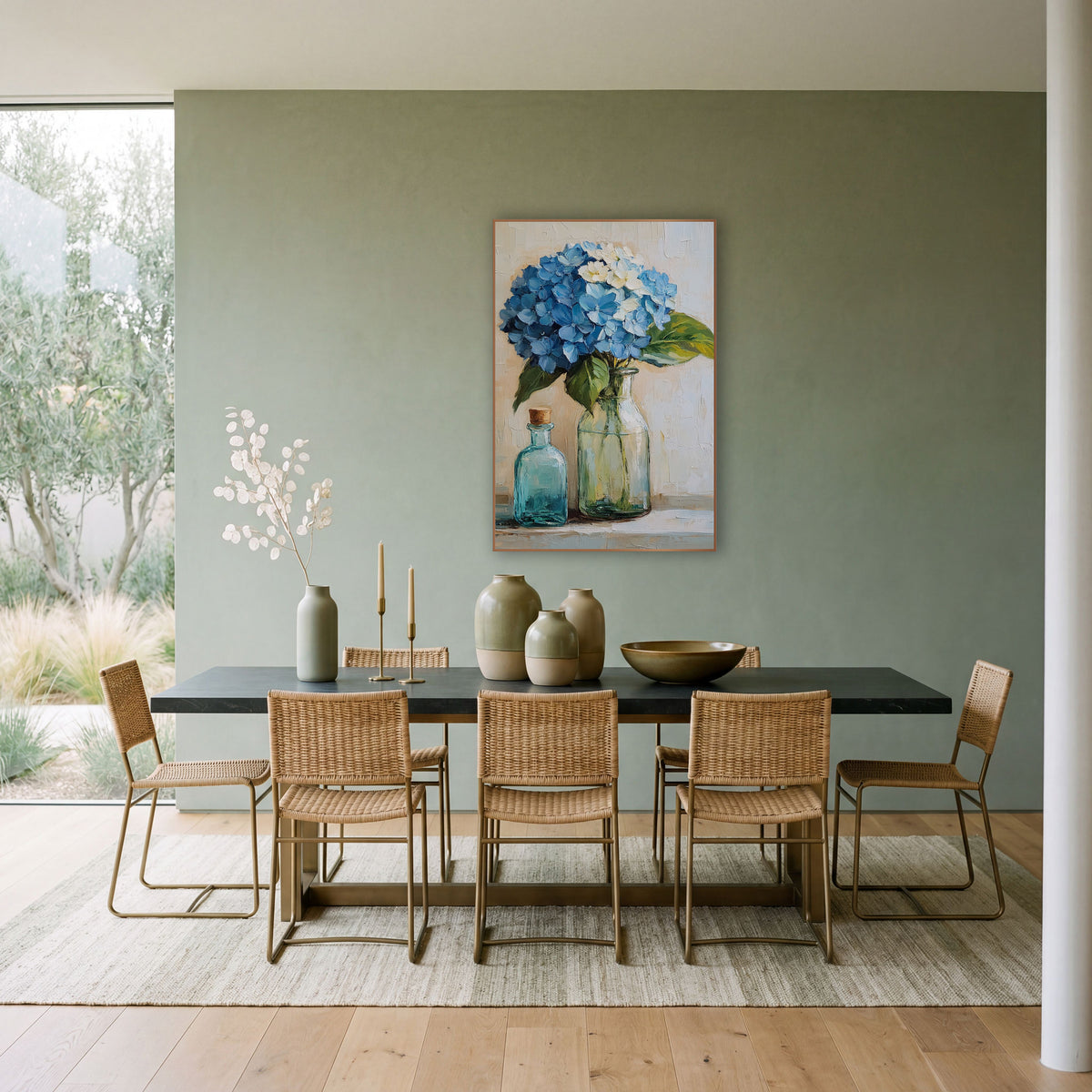 Blue Hydrangea Glass Bottles Still Life wall art in a bright coastal-style room – blue hydrangea in a green glass vase