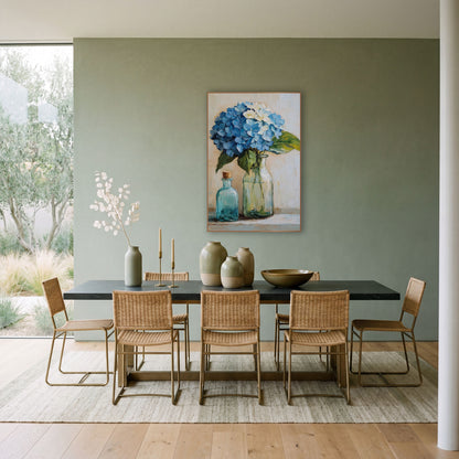 Blue Hydrangea Glass Bottles Still Life wall art in a bright coastal-style room – blue hydrangea in a green glass vase